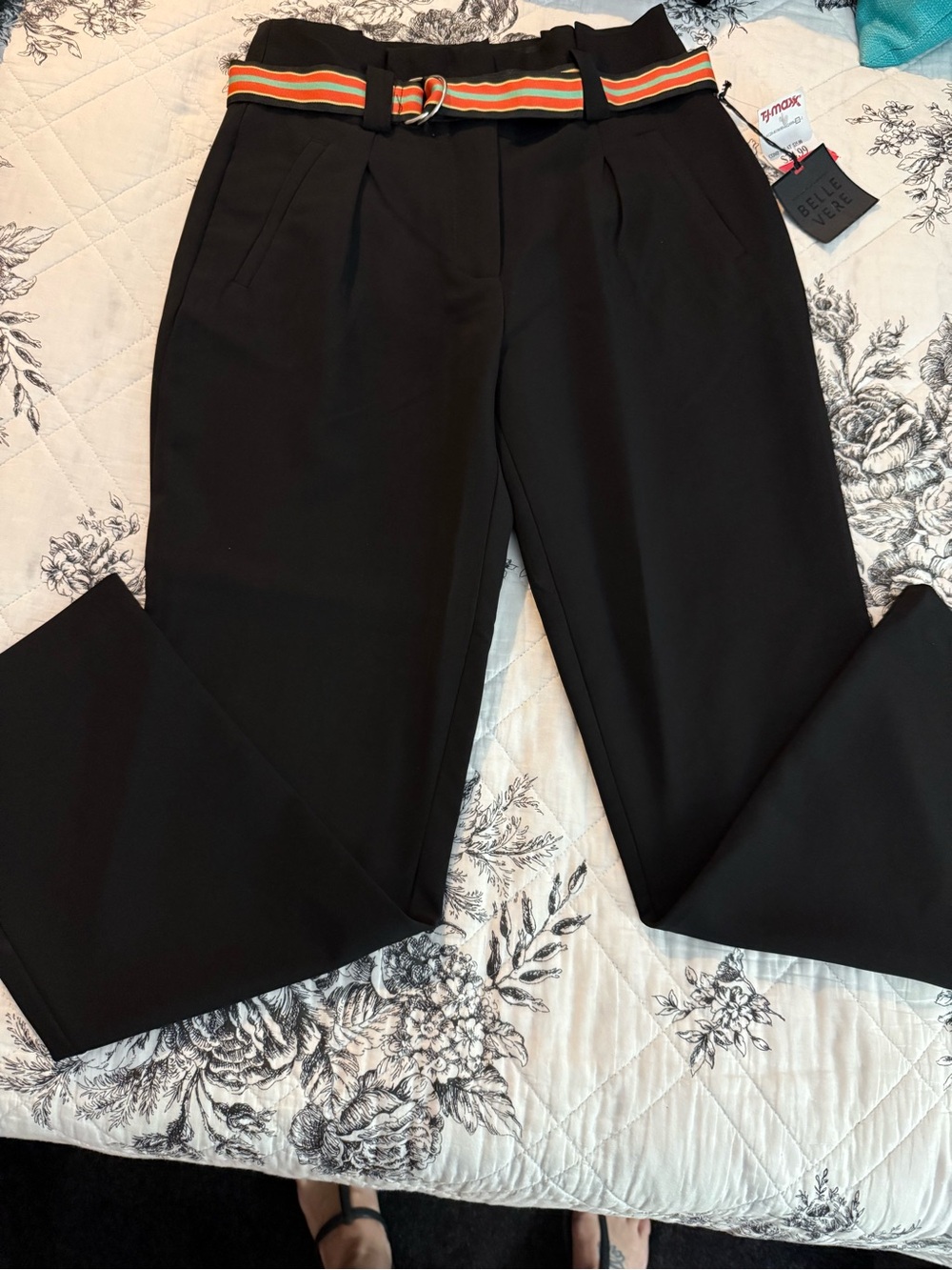 Belle Sky Women's Black Tapered Trousers with Striped Belt
